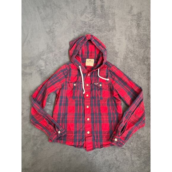 Hollister Other - Hollister California Plaid Red Navy Blue Button Down Hooded Jacket Youth Size L